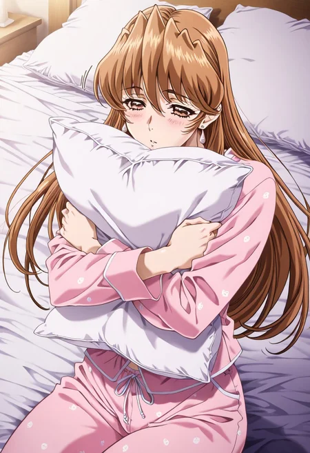 masterpiece, best quality, newest, highres, uncensored, 1girl, yokota mamoru style,motion lines,1girl,Sendou Nana,light Brown Hair, Long hair,Brown Eyes,Earrings, 1girl, solo, pajamas, brown hair, bed, pillow, blush, brown eyes, long hair, object hug