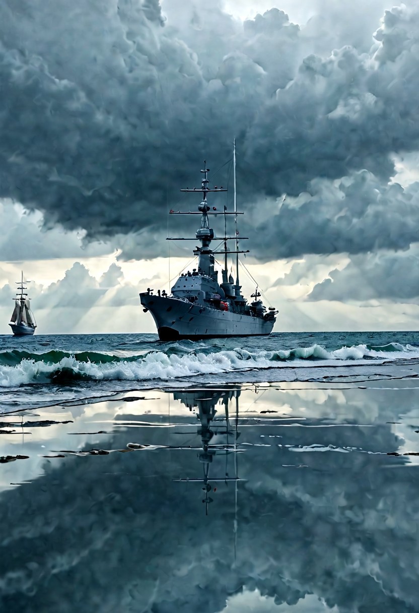 a fleet of super dreadnought battleships at anchor on a deserted fjord, vertically mirrored imagery,Reflections, perfect symmetry in the style of kaitlynn peavler and dreamscape, high quality, highly detailed, high coherence, intricate, elegant, sharp focus, octane render, trending on artstation, calm water, the calm before the storm,  storm in background