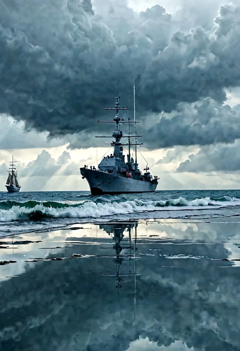a fleet of super dreadnought battleships at anchor on a deserted fjord, vertically mirrored imagery,Reflections, perfect symmetry in the style of kaitlynn peavler and dreamscape, high quality, highly detailed, high coherence, intricate, elegant, sharp focus, octane render, trending on artstation, calm water, the calm before the storm, storm in background