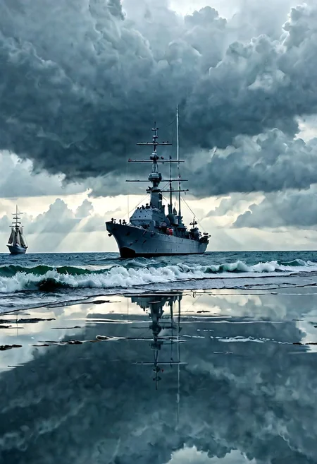 a fleet of super dreadnought battleships at anchor on a deserted fjord, vertically mirrored imagery,Reflections, perfect symmetry in the style of kaitlynn peavler and dreamscape, high quality, highly detailed, high coherence, intricate, elegant, sharp focus, octane render, trending on artstation, calm water, the calm before the storm,  storm in background
