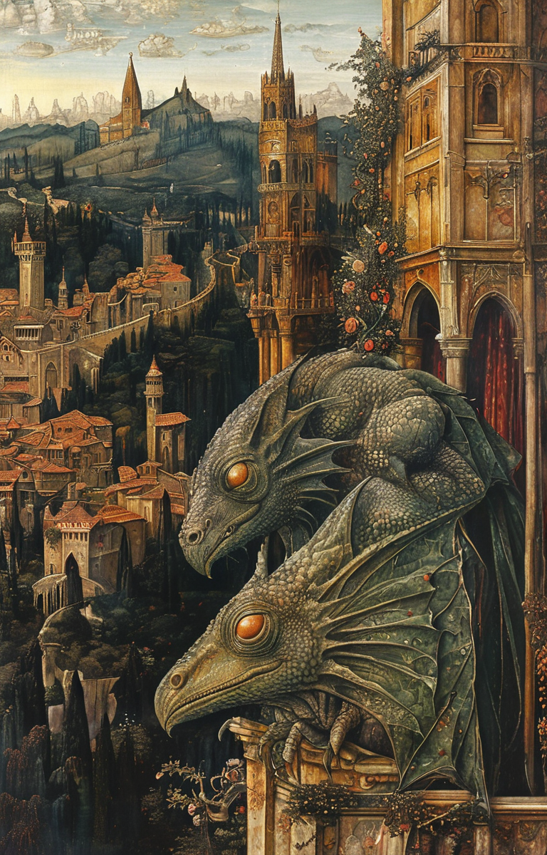 masterpiece,best quality,<lora:tbh167-sdxl:1>,illustration,style of Carlo Crivelli, Nazgul over sleeping town