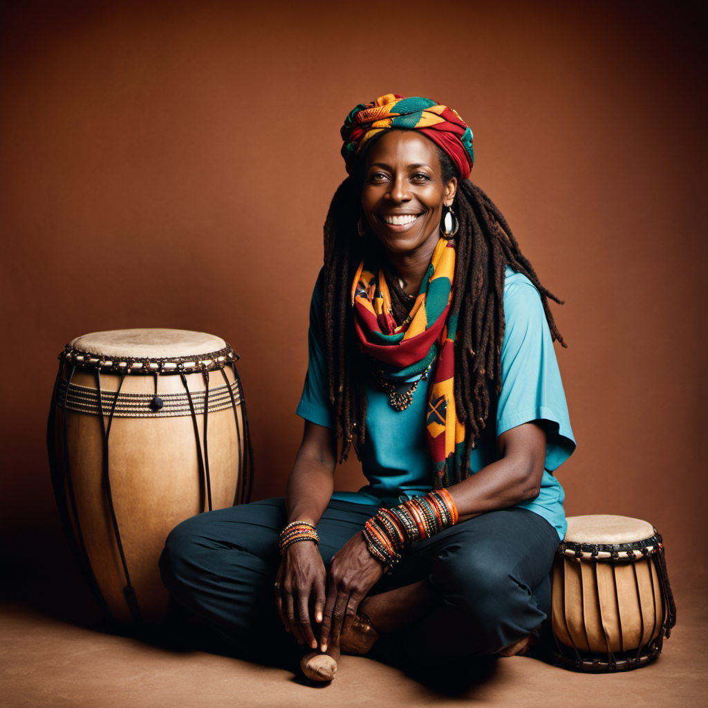 cinematic photo  <lora:BarnumAtelier-SDXLa:1> portrait, full-body,  african drummer sitting, happy middleaged (1 woman:1.3) Judy, long rasta hair, colourful pattern scarf, detailed skin, skin imperfections,   skin pores, jazz club . 35mm photograph, film, bokeh, professional, 4k, highly detailed