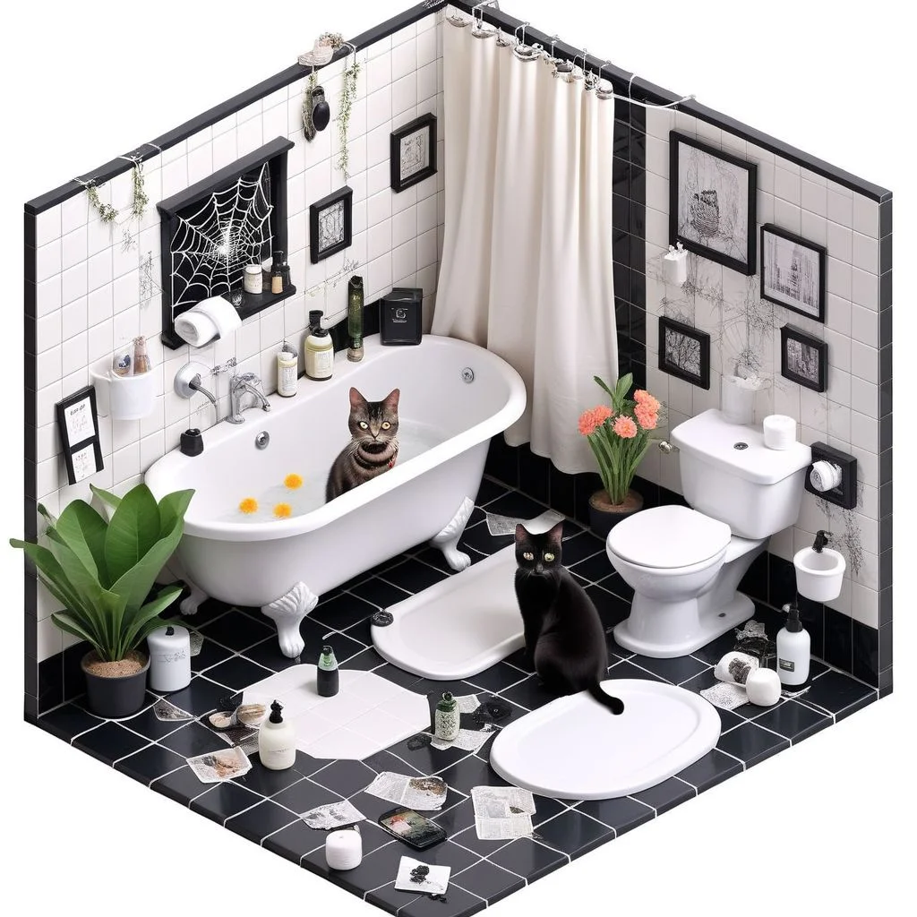 iszsks, mirror, bathroom, bathtub, cat, tiles, toilet paper, sink, black cat, toilet, tile floor, spider web, no humans, silk, slippers, indoors, phone, underwear, bottle, bag, bra, tile wall, plant, window, flower, hair bun, cup, bathing, bath, curtains, cellphone, no humans, isometric view, cutaway, diorama, isometric cutaway, masterpiece, best quality
