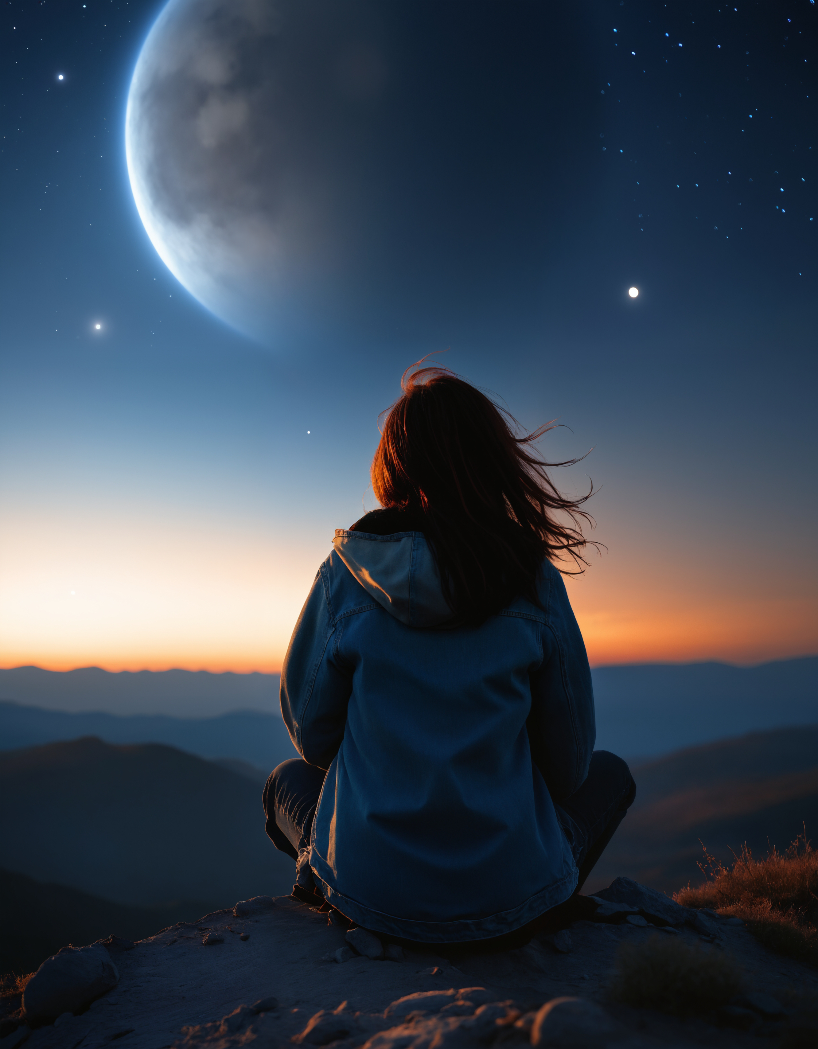 girl sitting on a small hill looking at night sky, back view, distant exploding moon, ultra-realistic, extremely detailed, atmospheric haze, dynamic angle, cinematic still, movie screencap, portrait, dynamic pose, 100mm f/2.8 macro lens, close-up