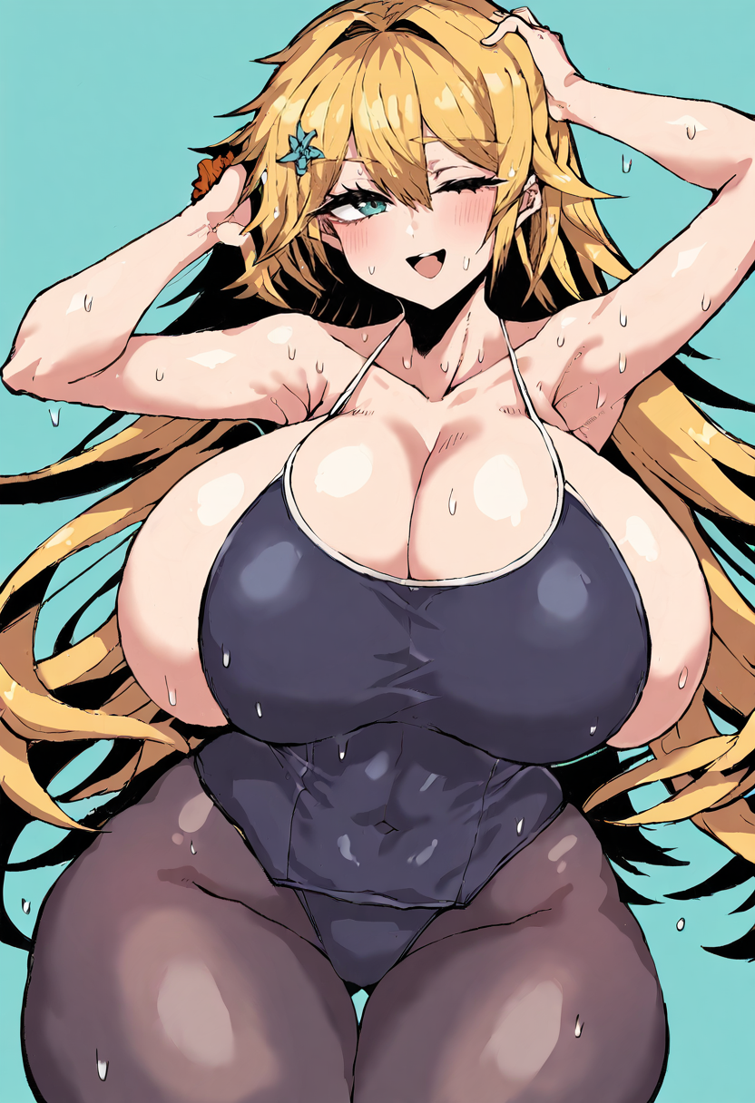 score_9, score_7_up,  1girl, 
huge breasts, wide hips, thick thighs, one-piece swimsuit, standing, hand on own head, pantyhose, covered navel, breasts, hair between eyes, blush, pantyhose under swimsuit, competition school swimsuit, solo, very long hair, thighs, sweat, aqua background, thigh gap, long hair, hair over one eye, swimsuit, collarbone, blue one-piece swimsuit, bare shoulders, one eye covered, one eye closed, cleavage, cowboy shot, smile, hair ornament, looking at viewer, arm up, school swimsuit, undersized clothes, blonde hair, hand up, curvy, skindentation, hair scrunchie, black pantyhose, armpits, wet, scrunchie, open mouth
 <lora:kakakarute06ame-Style-PonyXL-GLoRA-000048:1>