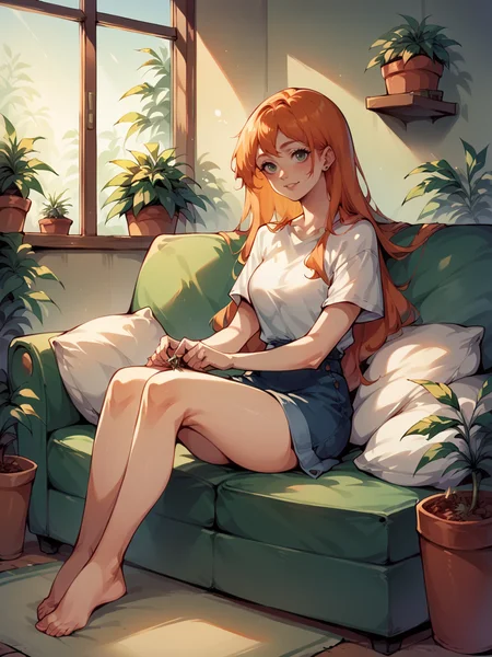 score_9, score_8_up, score_7_up, score_6_up, <lora:marijuana2XLP:0.6> marijuana, plant, leaf, potted plant, 1girl, couch, sitting, long hair, ginger hair