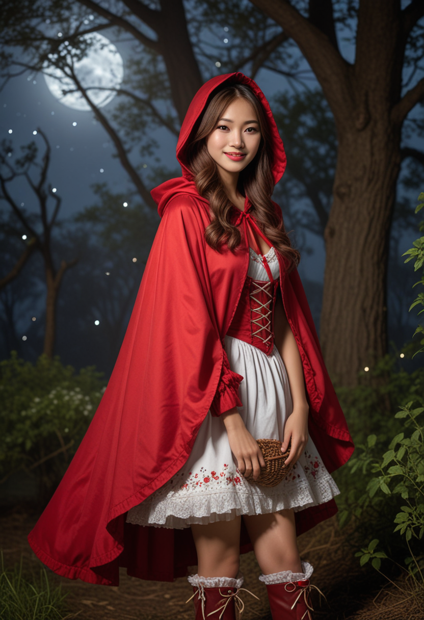 (medium full shot) of (kind-hearted red riding hood) young woman, chinese, tan skin, hazel eyes, willowy build, long red half-up half-down hair, wearing a red hooded cape, puffy blouse with intricate details, decorative petticoat, buttoned boots, rosy cheeks, floral hairpin, set in  a moonlit clearing, with silver light, whispering trees, cool night air, a sense of calm, and twinkling stars, at night, woman smiling, Masterpiece,best quality, photo, realistic, very aesthetic, detailed face,