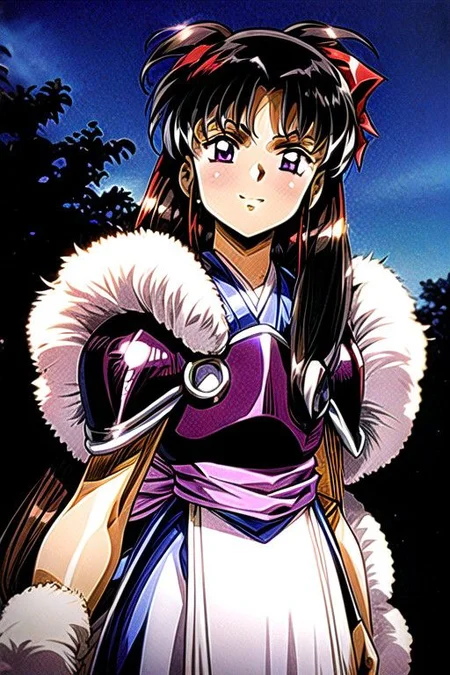 best quality 1girl Setsun4 solo long hair, (night time) forest background black hair very long hair purple eyes multicolored hair armor, small, (fur trim) (medium body),<lora:EMS-179-EMS:0.800000>,<lora:EMS-293862-EMS:0.800000> bow, hair_bow, hair_tubes, red_bow, brown_hair, long_hair, bangs, ascot, frilled_bow, yellow_ascot, blush, smile, hair_between_eyes, athletic, armor, miko, strengthmda, Smiling, happy, helmet