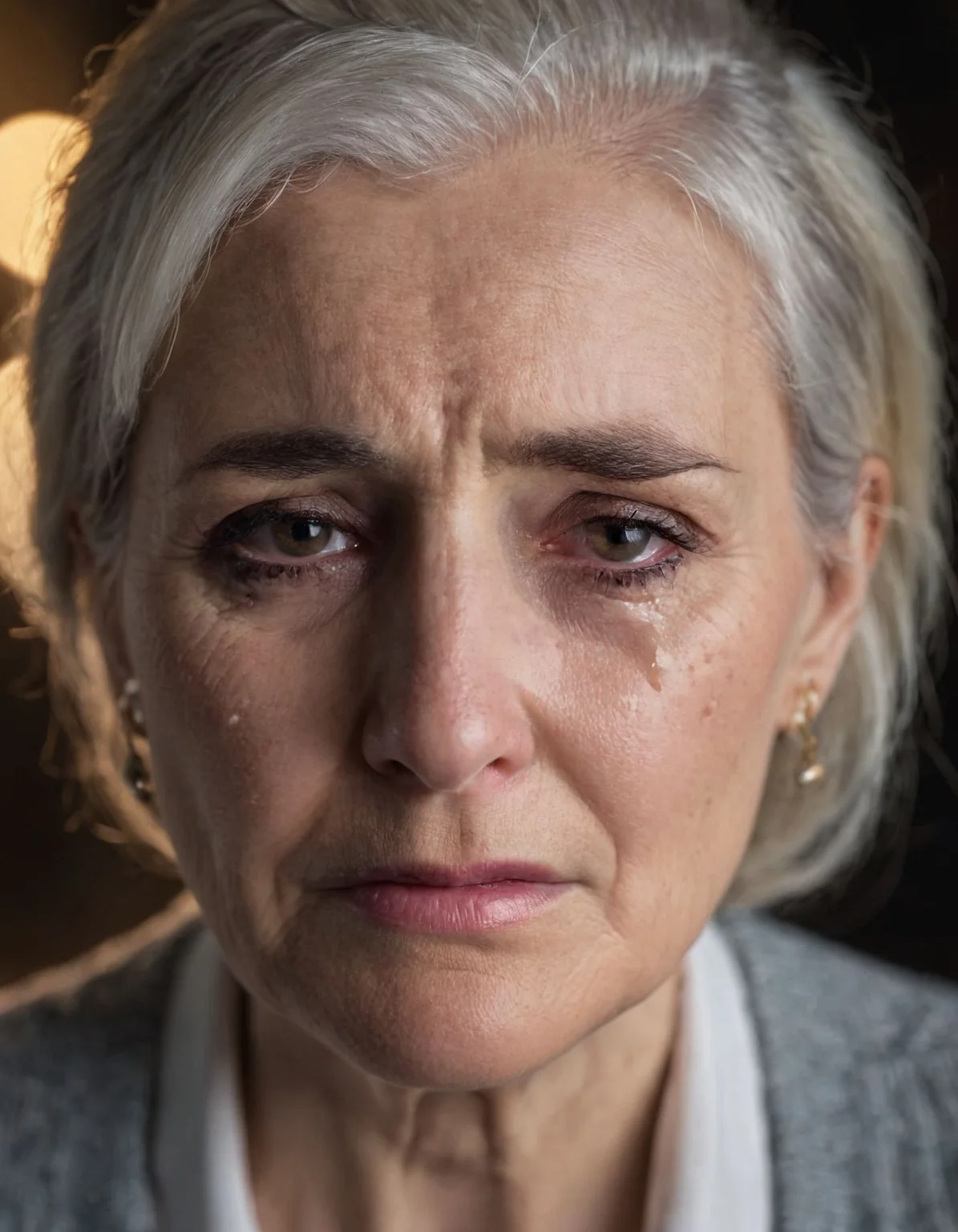 cinematic photo of an old woman crying with tears <lora:tearsXL:0.7> . 35mm photograph, film, bokeh, professional, 4k, highly detailed