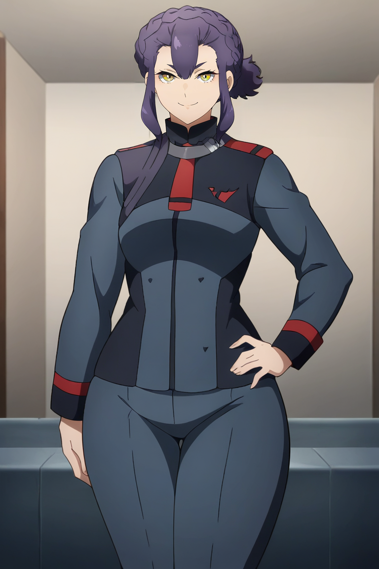 <lora:Sabina_Fardin:1>,sabina,1girl,braid,yellow eyes,purple hair,uniform,standing,wide hips,hand on own hip,looking at viewer,smile,indoors