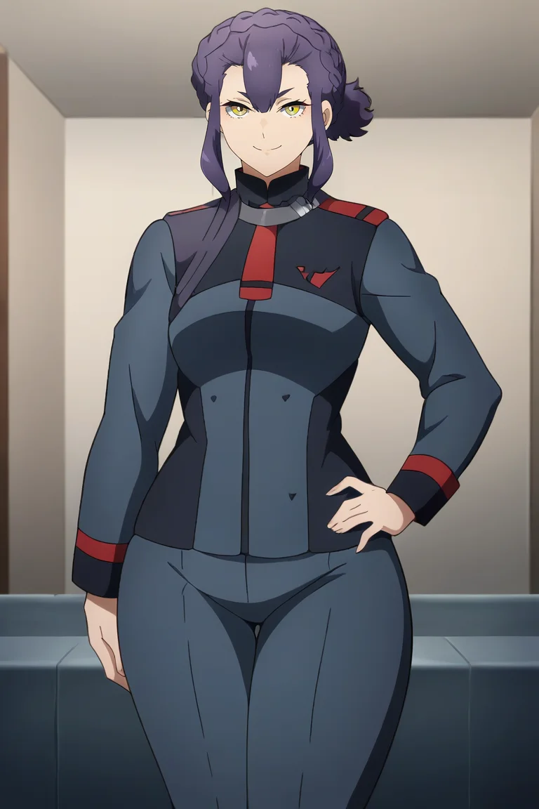 <lora:Sabina_Fardin:1>,sabina,1girl,braid,yellow eyes,purple hair,uniform,standing,wide hips,hand on own hip,looking at viewer,smile,indoors