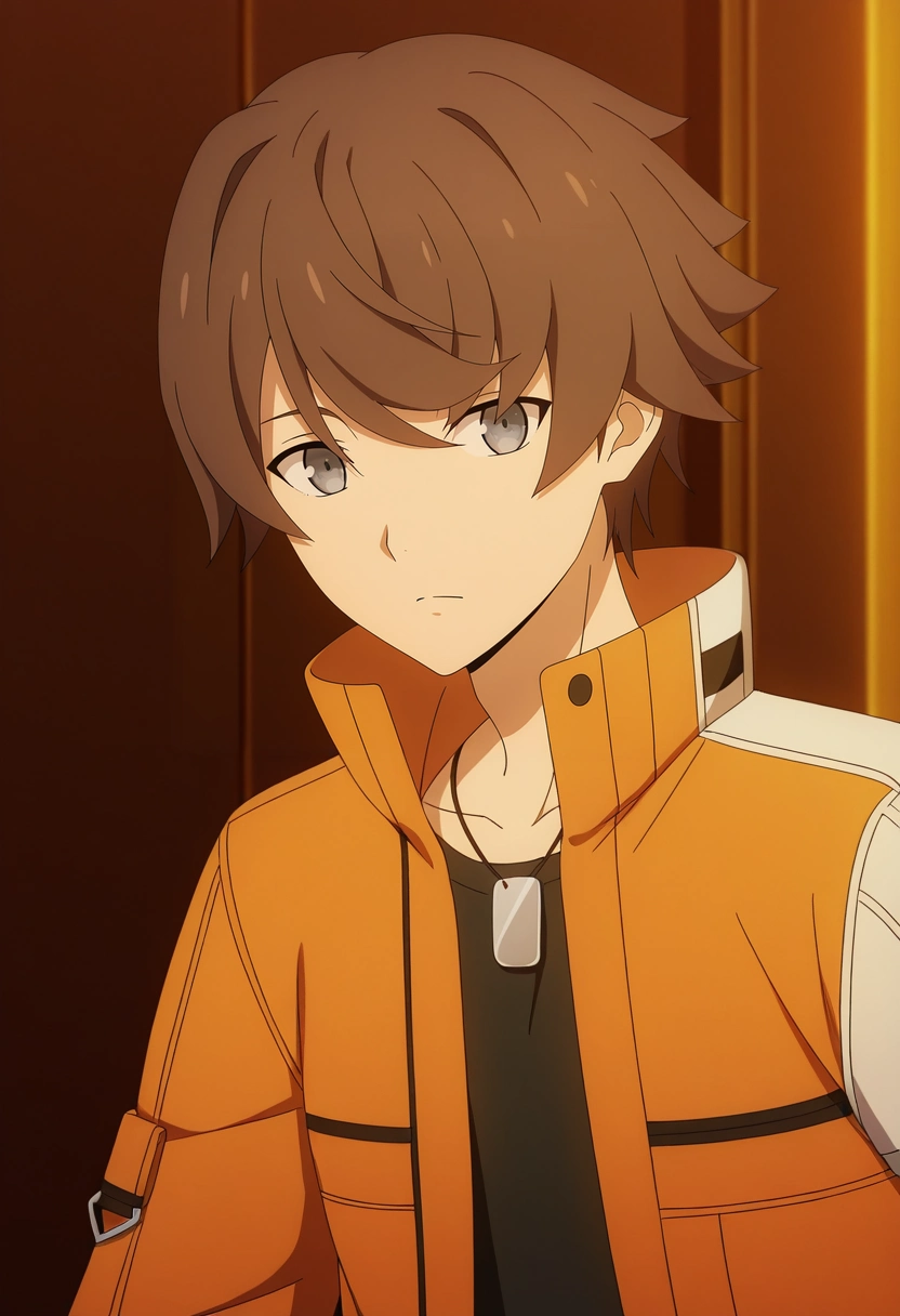 masterpiece, best quality, intricate details, anime screencap, anime coloring, official style, looking at viewer, 1boy, solo, male focus, <lora:kanata_synduality_noir_ilxl:0.9>, kanata_synduality_noir, brown hair, grey eyes, short hair, , , orange jacket,