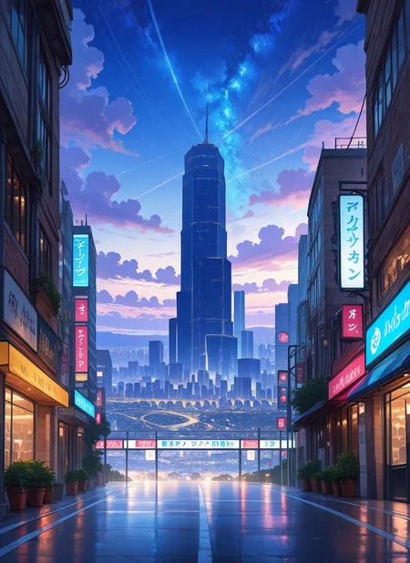 artist:, masterpiece, best quality, newest, very awa, absurdres, highres, scnr, futuristic city, street, fancy buidings, daytime, detailed, <lora:SDXL\Illustrous\Concept\Scenery_Enchancer-Illu-scnr:1.0>