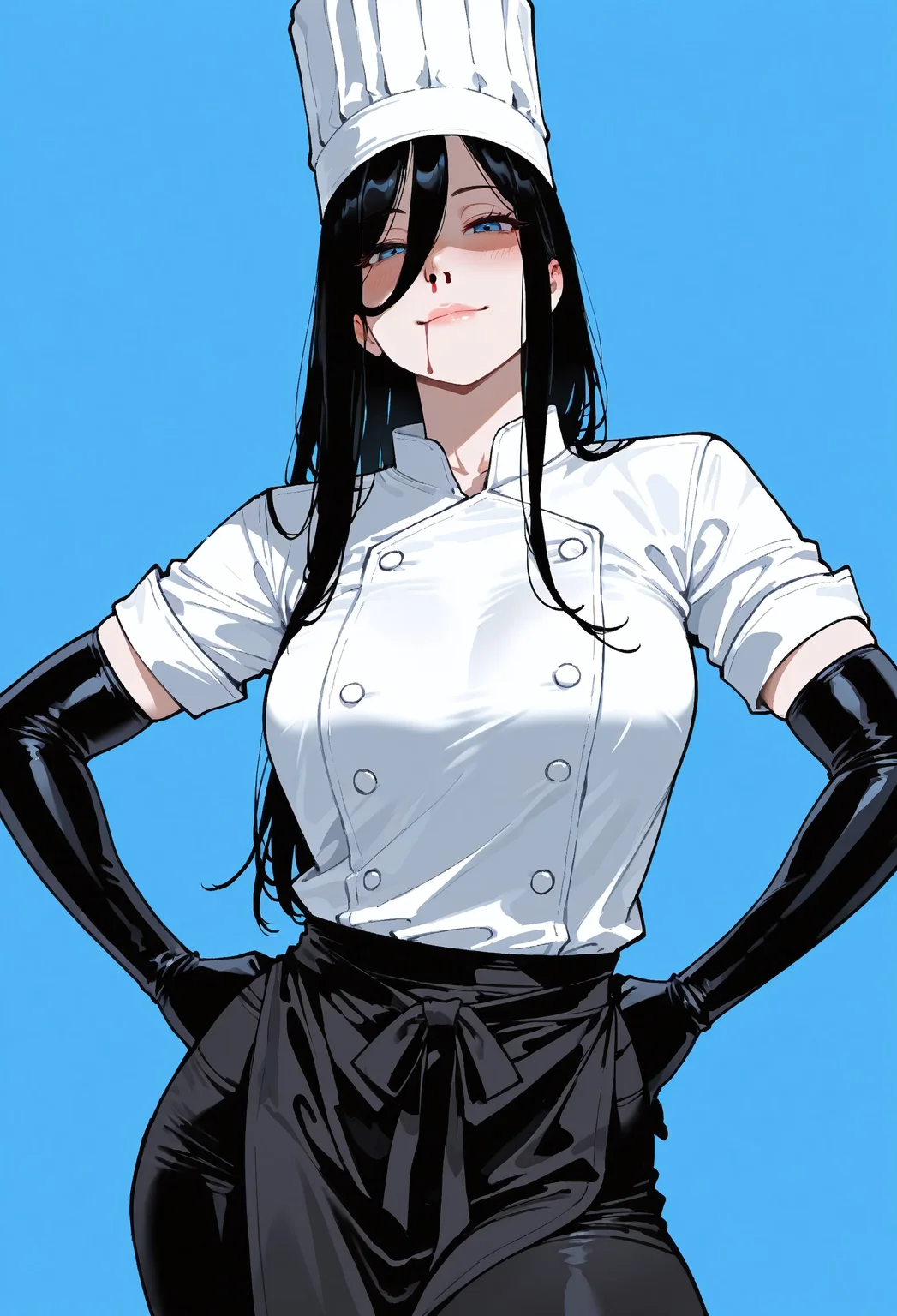 masterpiece, best quality, amazing quality, absurdres,
fa11ing_girl, 1girl, solo, black hair, long hair, blue eyes,half-eyes open, lips, nosebleed, blood from mouth, collarbone, medium breasts, chef hat, white shirt, buttons, black apron, waist apron, black gloves, elbow gloves, black pants,
light smile, shaded_face, hands on the hips, cowboy shot, looking at viewer, standing, blush, simple background, blue background,