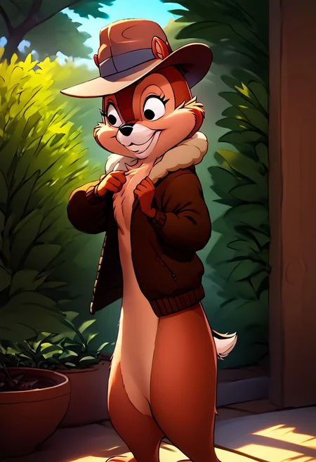 score_9, score_8_up, score_7_up, (best quality:1.1), ultra-detailed, great quality, anthro, high resolution, (((8k))), 1girl, chipmunk, chipmunk female, day time, chipmunk ears, smile, turned to viewer, 3/4 side view, upper angle view, sharp detailed chipmunk hands, wearing hat, medium boobs, Chip, natural light, detailed sun rays, summer, daytime, BREAK., highly detailed background, (tree house bedroom:1,4), sexy pose, detailed chipmunk legs, detailed barefoot, brown jacket, highly detailed face, (very detailed face:1.4), fluffy fur, (sharp detailed:1,4) no smooth detailes