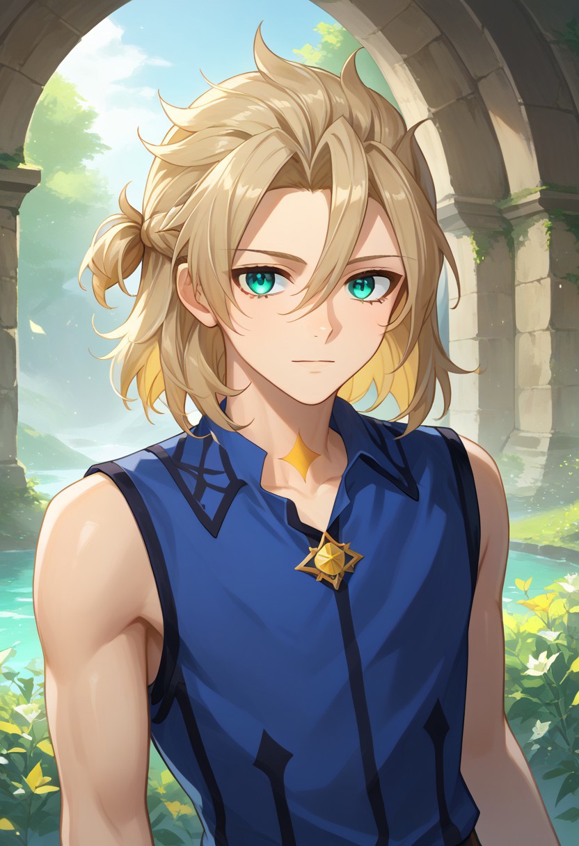 score_9, score_7_up, source_anime 
albedo, 1boy, male focus, solo, aqua eyes, blonde hair, medium hair, side braid, hair between eyes, parted bangs, short ponytail, star (symbol), tattoo, tattoo on neck, shirt, blue shirt, sleeveless,
indoor, medieval,