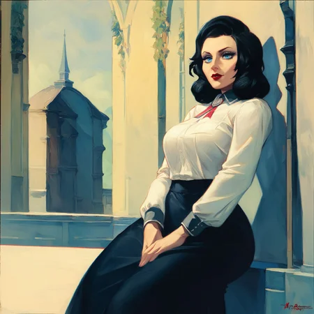'Elizabeth from Bioshock Burial at Sea' by brendekilde hans andersen in 1900, religious painting \(genre\), realism \(style\), ((solo)), mature woman, blue eyes, thick thighs, white collared shirt, black skirt, score_9, score_8_up, score_7_up, 