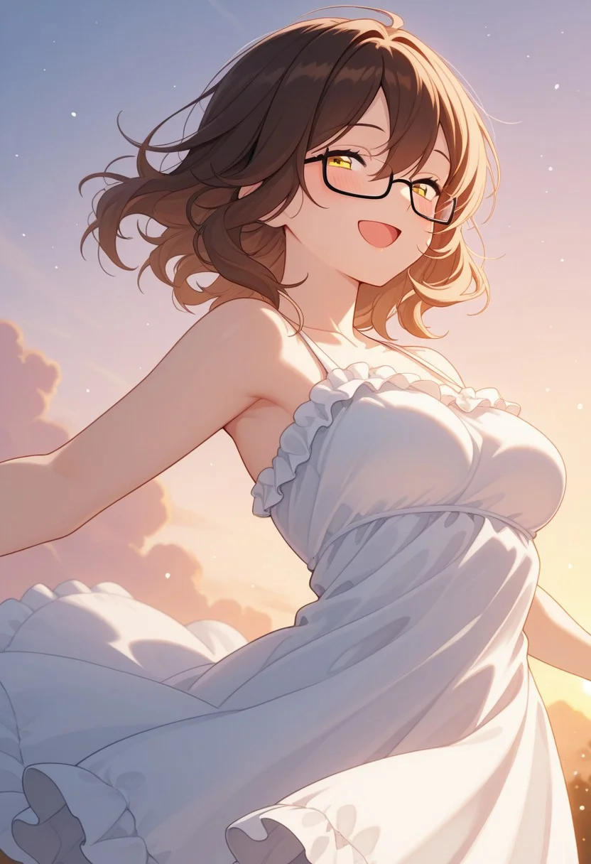 1girl, solo, brown hair, medium hair, wavy hair, hair between eyes, glasses, rectangular eyewear, yellow eyes, half-closed eyes, open mouth, smile, blush, looking at viewer, medium breasts, frilled dress, sundress, see-through silhouette, floating clothes, spread arms, dynamic pose, wind, sunset, upper body, backlighting, light particles, bloom, warm light, strong light, masterpiece, best quality, amazing quality