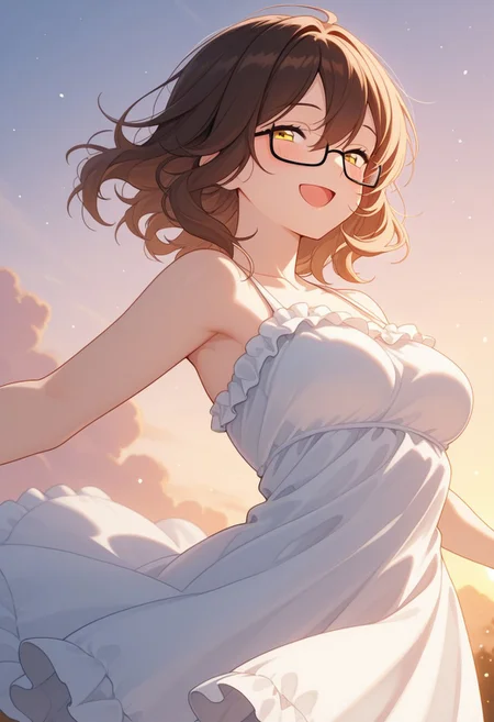 1girl, solo, brown hair, medium hair, wavy hair, hair between eyes, glasses, rectangular eyewear, yellow eyes, half-closed eyes, open mouth, smile, blush, looking at viewer, medium breasts, frilled dress, sundress, see-through silhouette, floating clothes, spread arms, dynamic pose, wind, sunset, upper body, backlighting, light particles, bloom, warm light, strong light, masterpiece, best quality, amazing quality