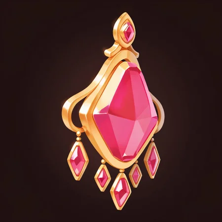 score_9, score_8_up, score_7_up, gem, jewelry, pink gemstone, no humans, simple background, dark brown background, earrings, gold earrings, two earrings