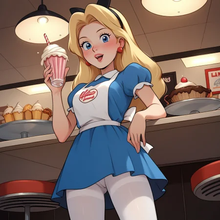 score_9, score_8_up, score_7_up, score_6_up, score_5_up, score_4_up, rating_explicit, perfecteyes, nocunoct, 1 girl, girl serving milkshake, AliceWaifu, blue eyes, blue dress, white pantyhose, apron, black hairband, blonde, 50s diner, looking at viewer, from slightly below angle