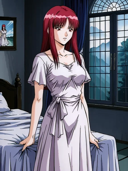 bedroom, big window
1girl, source_anime, score_9, <lora:zPDXL3:0.45> <lora:Pony_DetailV2.0:0.5> asymmetrical
yoenhimalt <lora:Yoenhime:0.85>, dress, red hair, red eyes