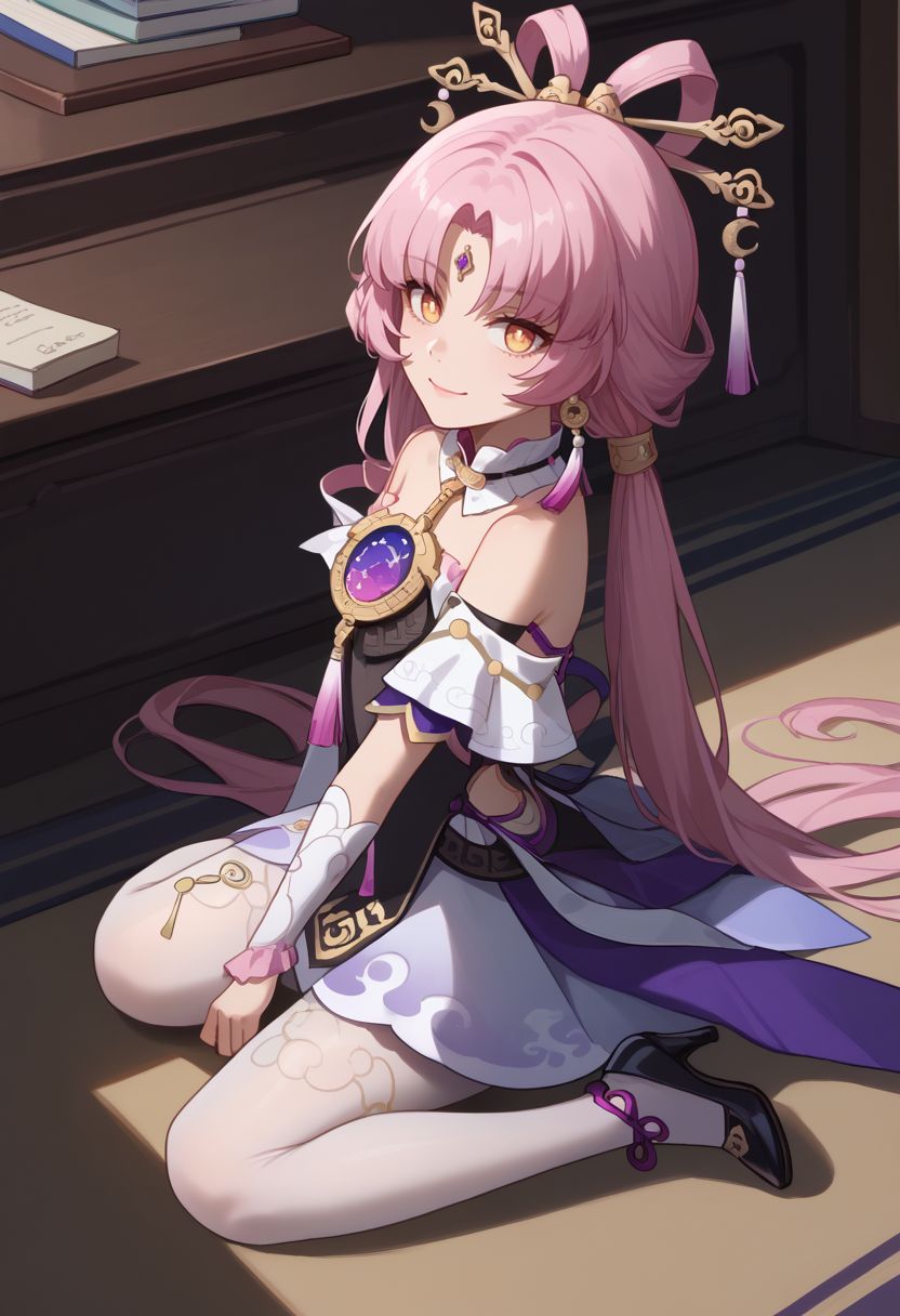 score_9, score_8_up, score_7_up, source_anime, 1girl, fuxuandef, yellow eyes, pink hair, long hair, low twintails, bow-shaped hair, parted bangs, forehead jewel, hair stick, hair ornament, earrings, jewelry, bare shoulders, detached sleeves, dress, backless dress, tassel, bridal gauntlets, white pantyhose, high heels, black footwear, wariza, kneeling, closed mouth, smile, looking at viewer, indoors, from above, close-up, from side, <lora:Fu_Xuan_v1-000010:1>
