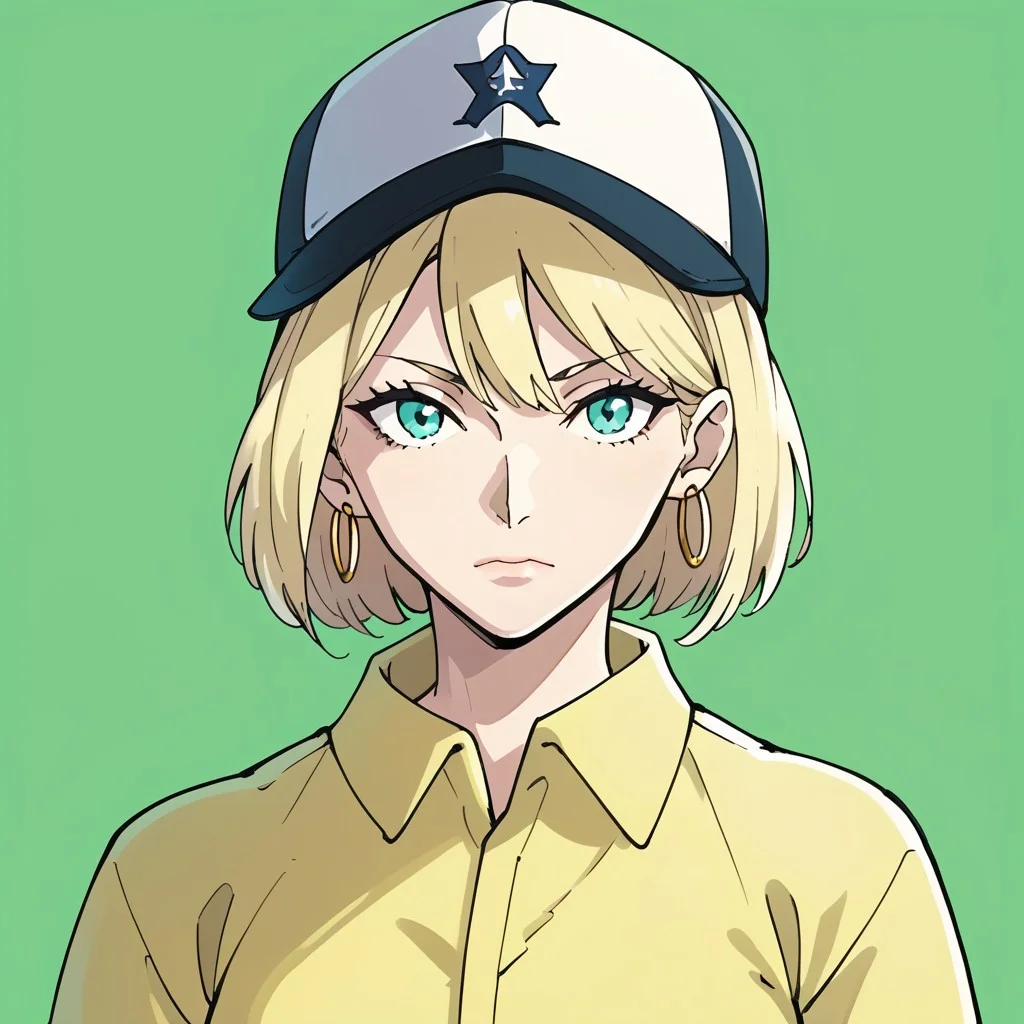 score_9, score_8_up, score_7_up, BREAK, source_anime, masterpiece, absurdres, BREAK,1girl, aqua eyes, baseball cap, blonde hair, closed mouth, earrings, green background, hat, hoop earrings, jewelry, looking at viewer, shirt, short hair, simple background, solo, upper body, yellow shirt, solo