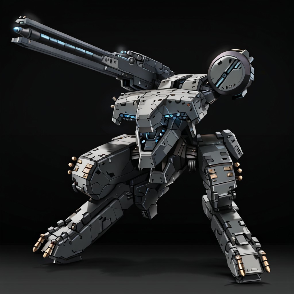 mgrex, mechanical legs, railgun, robot, no humans, gun, glowing, bipedal war machine, military vehicle, heavy armor, science fiction, mecha, military sci-fi, instrument, solo, advanced sensors, weapon, industrial design,