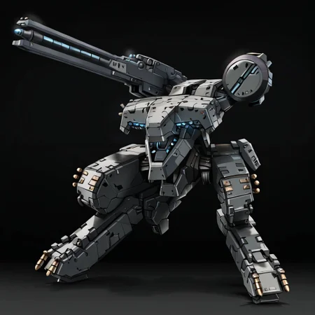 mgrex, mechanical legs, railgun, robot, no humans, gun, glowing, bipedal war machine, military vehicle, heavy armor, science fiction, mecha, military sci-fi, instrument, solo, advanced sensors, weapon, industrial design,