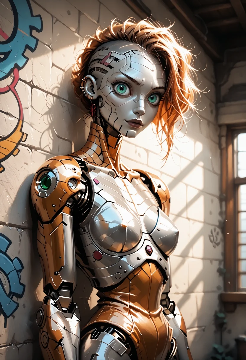 score_9, score_8_up, score_7_up, derpibooru_p_95, cinematic, Disney, Pixar, Cowboy Bebop, One Piece, (Energetic sexy anthropomorphic female humanoid metallic robotic android:1.5), (humanoid face, large anime eyes:1.3), anime aesthetic, short mohawk hairstyle, tattoos and piercings, large breasts, cleavage, (sexy, erotic, cute:1.5), (detailed skin showcasing long fur, pores and wrinkles:1.25), (extreme close-up:1.3), graffiti painted wall background