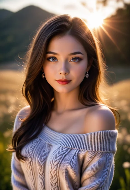 score_9, score_8_up, score_7_up, realistic, <lora:ccbelle_v1:0.5>, (Upper body photo:1.2). Cute exotic Girl. Detailed eyes framed by long, perfect eyelashes. Elegant eyeliner. Light make-up. Detailed face. Soft features. Pale. Pure. Flowing. Fantasy, Whimsical. Surreal. detailed features, organic forms, meticulous portraiture, complex patterns, double exposure, transparent, surreal artwork, artful, aesthetic, unusual, vintage feel, post apocalyptic, unsettling violence, macabre, suspenseful, crazy visual soundscape. ((an extremely delicate and beautiful)), floating, (detailed clothes), (detailed light), (sunlight), (shine), colorful, dynamic vivid colors, panorama, Professional portraits, dynamic lighting. Magical, enchanting, alluring. Exotic. Erotic, Sensual, sexual., (Upper body photo:1.2). Beautiful female. Wearing elegant one-shoulder sweater dress. Detailed eyes framed by long, perfect eyelashes. Her eyebrows are perfectly arched and delicate, adding grace to her gaze. Subtle eyeliner. Light make-up. Detailed face. Soft features. Sensual. Photorealistic, Natural atmospheric lighting, intricate details, 35mm photograph, film, professional, 4k visuals, highly detailed, elegant, studio quality.