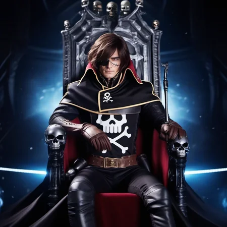 cinematic photo a man, cape, brown hair, eyepatch, black gloves, scar on face, skull and crossbones, sword, throne in a spaceship<lora:Albator1024_r1:0.8> . 35mm photograph, film, bokeh, professional, 4k, highly detailed