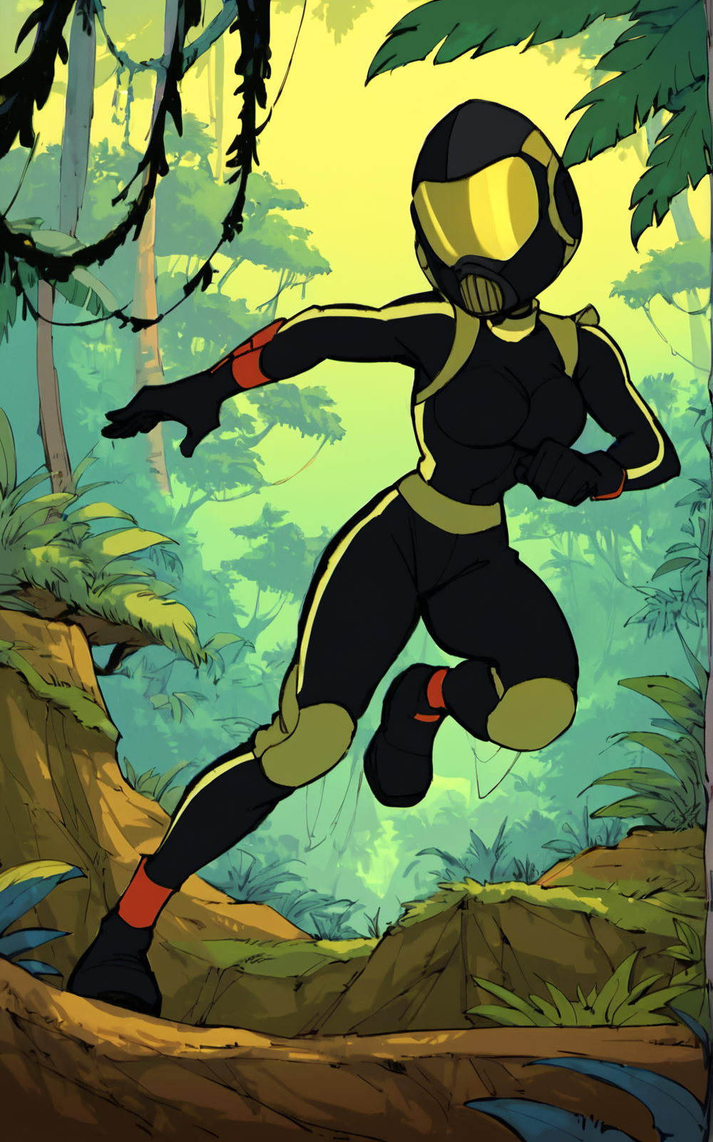 score_9, score_8_up, score_7_up,((best quality)), absurdres, ((full body)), <lora:BolivanteStyle:0.8>, <lora:HPMPSPXL:0.8>,HPMPSPXL,   black bodysuit,helmet gloves, black gloves,bodysuit,knee pads ,standing, action pose, jungle,black helmet,leg up