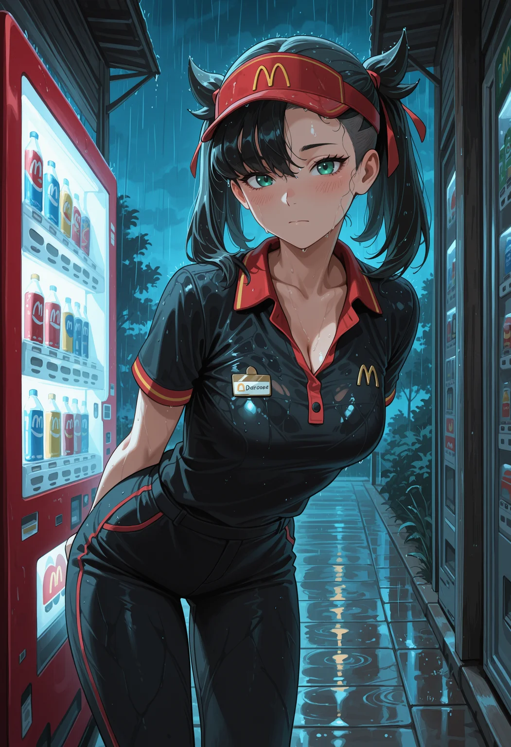 masterpiece, best quality, highres, absurdres, very awa, 1girl, solo, m4rn1edef, medium hair, black hair, asymmetrical bangs, twintails, undercut, McUniform, black shirt, employee uniform, polo shirt, visor cap, outdoors, (vending machine), arms behind back, green eyes, eyelashes, hair ribbon, red ribbon, black pants, night, night sky, leaning forward, (rain), cleavage, looking at viewer, wet clothes, wet, wet hair, blush, closed mouth