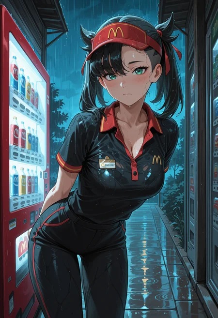 masterpiece, best quality, highres, absurdres, very awa, 1girl, solo, m4rn1edef, medium hair, black hair, asymmetrical bangs, twintails, undercut, McUniform, black shirt, employee uniform, polo shirt, visor cap, outdoors, (vending machine), arms behind back, green eyes, eyelashes, hair ribbon, red ribbon, black pants, night, night sky, leaning forward, (rain), cleavage, looking at viewer, wet clothes, wet, wet hair, blush, closed mouth