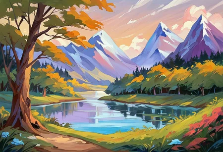 score_9, score_8_up, score_7_up, zPDXL, <lora:Fire_and_Ice_Style:1>faistyle, retro artstyle, painting (medium), lake, mountain, forest