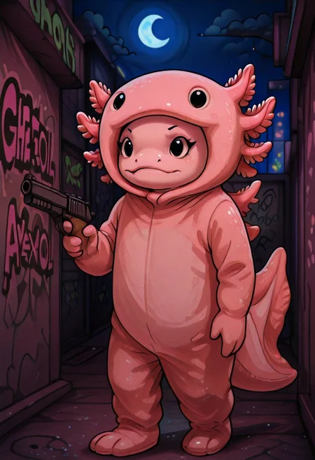 embedding:IllusP0s, axolotl costume, solo, animal focus, Axolotl wearing an axolotl costume, over ANOTHER axolotl costume, over an axolotl onesie, holding, a gun, ghetto background, graffiti, night, moon detailed background