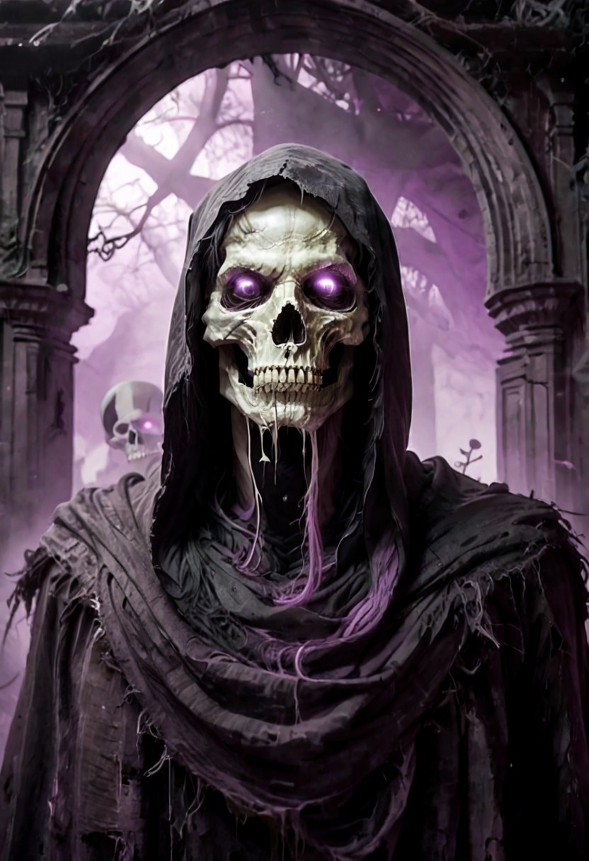  score_9, score_8_up, score_7_up, score_9,  
sh4dowre4lm, uocssh4dowre4lm, shadowrealm, shadow, shadow realm, dark, horror, fear, darkest, nightmare, solo, looking at viewer, 1boy, purple eyes, male focus, hood, mask, glowing, glowing eyes, cloak, hood up, skull, purple theme