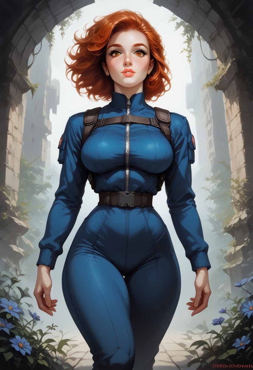 score_9, score_8_up, score_7_up, realistic, a woman, solo,
armored tactical military suit, fallout style, unzipping, muscular woman, abs, narrow waist,
cute perfect face, nerdy, slicked long ginger hair, very pretty, intricate, large breasts, perfect breasts, hips, thin, dynamic angle, braless, cinematic angle, black colored flowers,
leaning backwards,
thick thighs, thick lips, sexy posing, horny, looking at viewer, boris valejjo, retro,