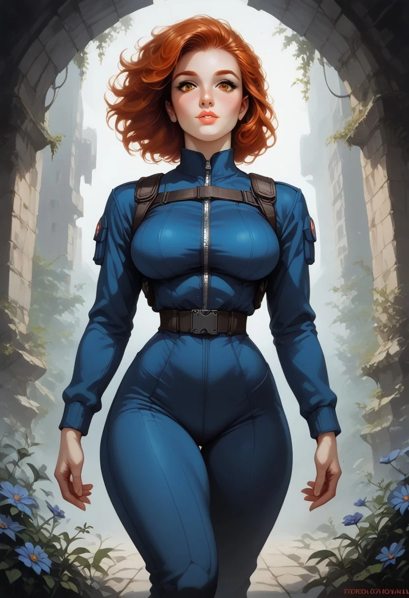 score_9, score_8_up, score_7_up, realistic, a woman, solo,
armored tactical military suit, fallout style, unzipping, muscular woman, abs, narrow waist,
cute perfect face, nerdy, slicked long ginger hair, very pretty, intricate, large breasts, perfect breasts, hips, thin, dynamic angle, braless, cinematic angle, black colored flowers,
leaning backwards,
thick thighs, thick lips, sexy posing, horny, looking at viewer, boris valejjo, retro,