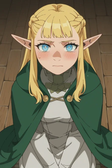 score_9, score_8_up, score_7_up, source_anime, 1girl, prefect lighting, very aesthetic, intricate details, highly detailed background, masterpiece, high quality, prefect hands, best quality, solo,
<lora:Pattadol_Dungeon_Meshi_V1:.85>, blonde hair, light blue eyes, pointy ears, pointy nose, braid, long hair,
green cape, white turtleneck dress, long sleeves,
from above, w-sitting, on knees, kneeling, looking at viewer, crying, wavy mouth, hand between legs, blush,
dungeon, stone wall, dark, dim lights, wooden floor,
(Beautiful, small Breasts:1.2), natural breasts,