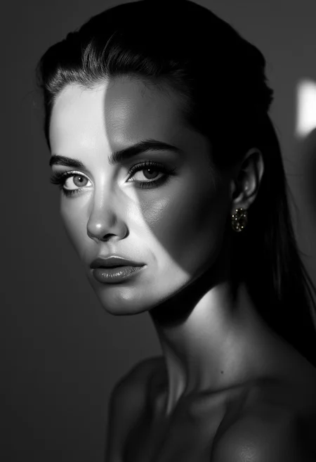A striking monochrome portrait of a high-fashion model captured in a classic, Vogue-inspired photoshoot. The image focuses on her upper body, showcasing sharp bone structure and flawless skin illuminated by dramatic, high-contrast lighting. Shadows and highlights play artfully across her face, accentuating her high cheekbones, defined jawline, and elegantly arched eyebrows. Her gaze is powerful and direct, exuding confidence and sophistication, with slightly parted lips that add a touch of allure.
Her hair is styled sleekly back, drawing attention to her expressive features and creating a sculpted silhouette against a soft, shadowed background. She wears minimal accessories—perhaps a single, elegant earring catching the light—adding sophistication without distraction. The monochrome palette enhances the texture and contrast, giving her skin a smooth, almost ethereal glow, while the deep shadows add depth and mystery. The overall composition feels timeless and refined, embodying classic beauty and editorial poise with a touch of modern edge.. backinblack, grayscale, monochrome