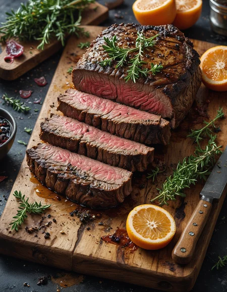 , juicy steak cooked to perfection. The steak should be grilled, with visible grill marks and a slightly charred exterior. The interior should be medium-rare, with a warm pink center thatâs juicy and tender. The steak should be glistening with its natural juices, look mouthwateringly delicious, served on a wooden cutting board, with some fresh herbs like rosemary and thyme for garnish, high resolution, capture all the tantalizing details, <lora:SDXLFaeTastic2400:0.7>, <lora:MJ52:0.4>