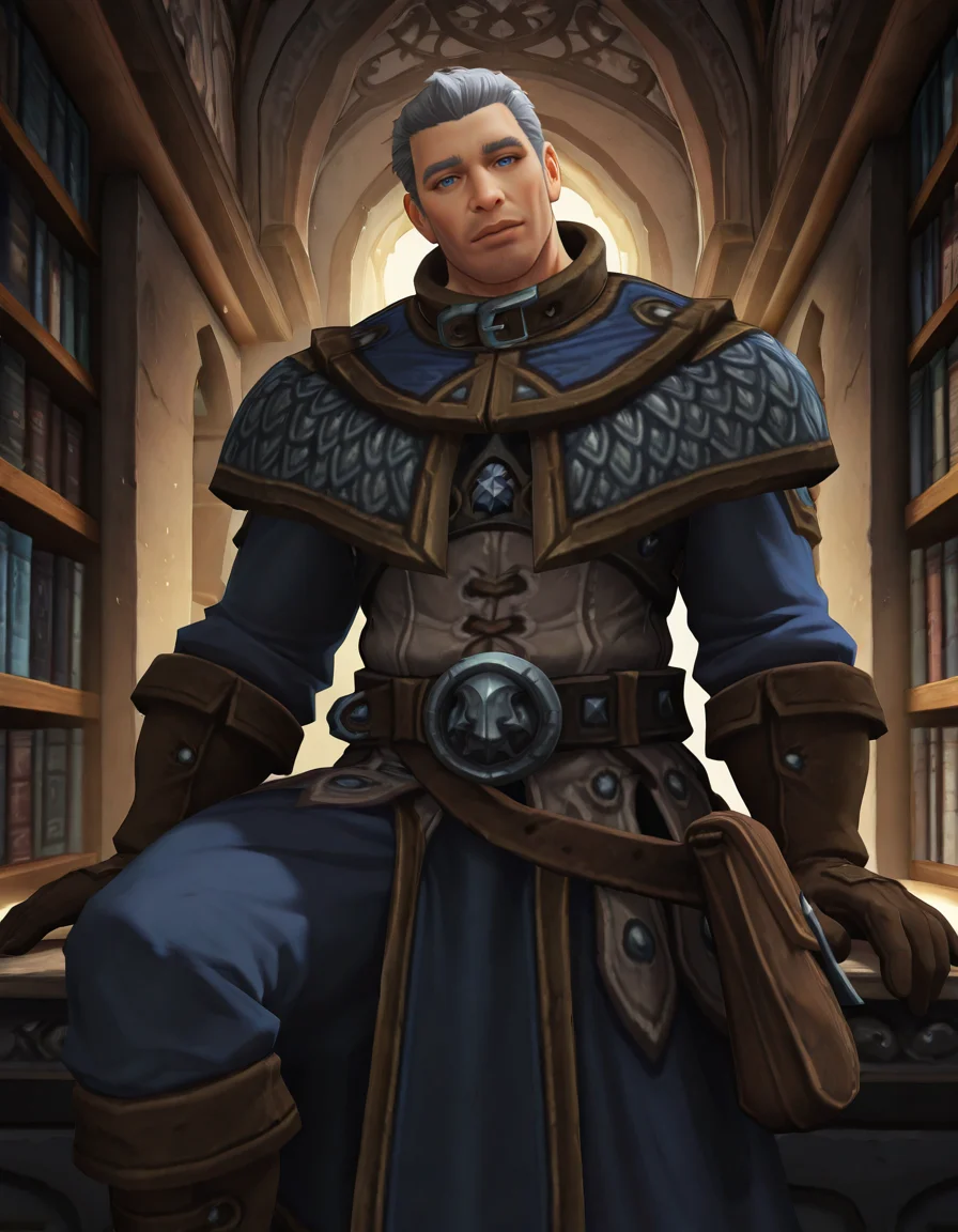 cinematic_depth, 8k, soft_lighting, warm_glow, ultra_high_quality, masterpiece, best quality, newest, perfect quality, intricate details, detailed background, male focus, realistic, solo, <lora:World Of Warcraft - Archmage Khadgar - Illustrious-000006:0.7> wow_khadgar, 1boy, mature male, grey hair, short hair, blue eyes, stubble, robe, brown gloves, belt, satchel, brown boots, sitting, contrapposto, bookshelf, looking at viewer, head tilt
