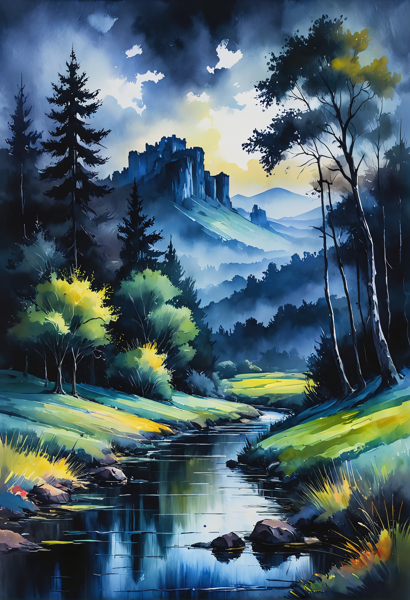 Magic, dark and moody landscape, in Gouache Style, Watercolor, Museum Epic Impressionist Maximalist Masterpiece, Thick Brush Strokes, Impasto Gouache, thick layers of gouache watercolors textured on Canvas, 8k Resolution, Matte Painting