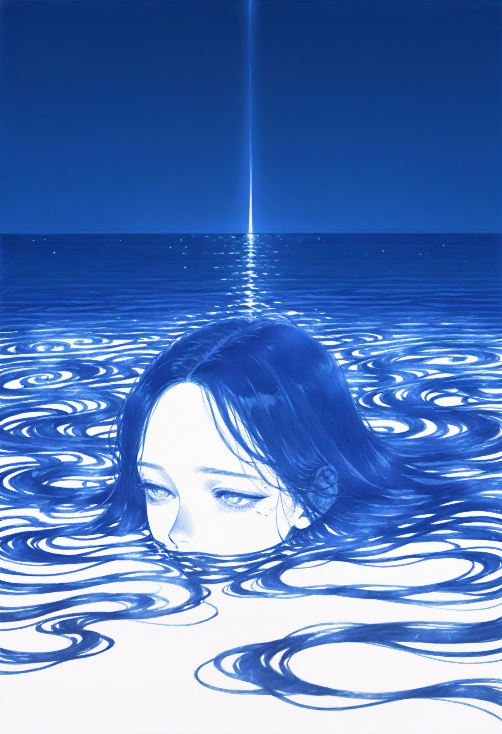 feelingblue, blue theme, monochrome, solo, long hair, flowing hair, sad expression, night sky, glowing eyes, soft lighting, 1girl