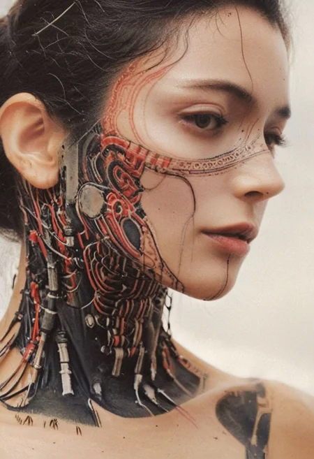 T-tattoo, Soaked_tea_brand, Photorealistic high Quality shot, DARK Upper Body Shot, Arms Up, beautiful Wired-cyborg ergo proxy cyberghost with chin and Dekolleté tattoo Made of technical parts and cyberpunk wires, cables and translucent Red hoses, open mouth, with zone-eyes and eye-trails, eyes emitting a light flame in the wind, infront of a mystic Night window, atmospheric haze, Film grain, cinematic film still, shallow depth of field, highly detailed, high budget, cinemascope, moody, epic, OverallDetail, gorgeous, 2000s vintage RAW photo, photorealistic, candid camera, color graded cinematic, eye catchlights, atmospheric lighting, skin pores, imperfections, natural, shallow dof, Behind her, the stars shimmer with distant promise, casting their ethereal light upon the scene.
