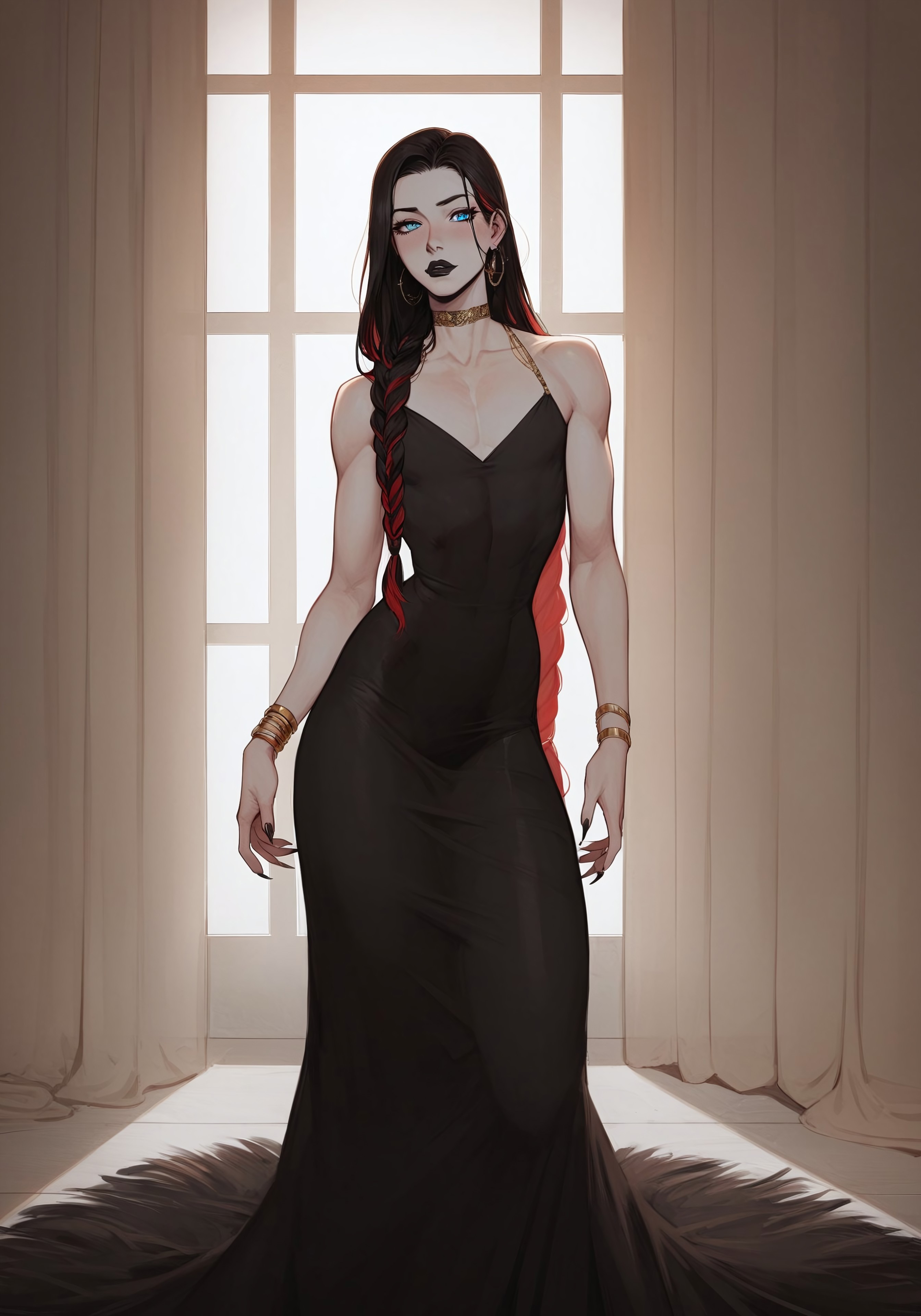 score_9, score_8_up, score_8. score_9, score_8_up, score_7_up, masterpiece, 4k, ExpressiveH, SimpleNegativeV3, OverallDetail, anime, 

dynamic lighting, cinematic lightning, indoors, fashion show stage, stage, curtains, alone, solo, close up,

BREAK,

1boy Gilly, mature, 6 foot tall, femboy, standing, pale skin, long black hair, straight black hair, very long hair, braided hair, loose hair, red highlights, blue eyes, perfect eyes, thin lips, black lips, effortlessly cool, sassy, black claws, petite, athletic, flat chest, big ass, thick thighs,

BREAK,

choker, gold jewelry, gold bracelets, gold necklace, dark dress, long dress, formal dress