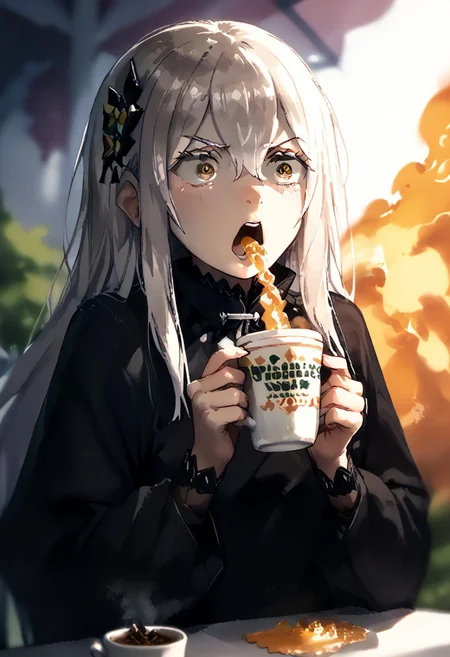 score_9, score_8_up, score_7_up, 1girl, echidna, FireBreath, drinking tea, shocked